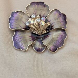 Anne Klein Purple and White Floral Enamel Brooch with Rhinestones